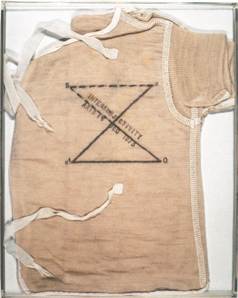 Mary Kelly. Post Partum Document: Introduction, 1973. Perspex units, white card, wool vests, pencil, ink 15 units: 10 x 8 in. (25.4 x 20.3 cm), each. Collection of Eileen Harris Norton. Image Courtesy of the artist and Postmasters Gallery, New York. 